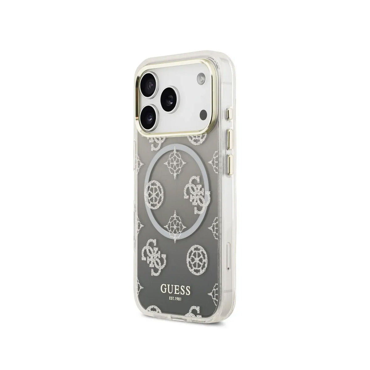 GUESS Funda Peonía para iPhone 17 Pro/18 Pro Compatible con MagSafe, Negra con Brillos