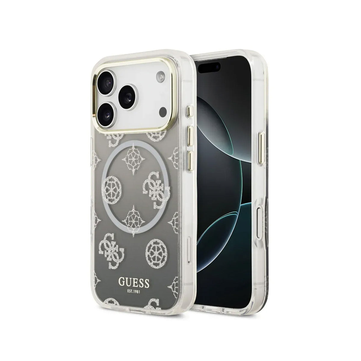 GUESS Funda Peonía para iPhone 17 Pro/18 Pro Compatible con MagSafe, Negra con Brillos