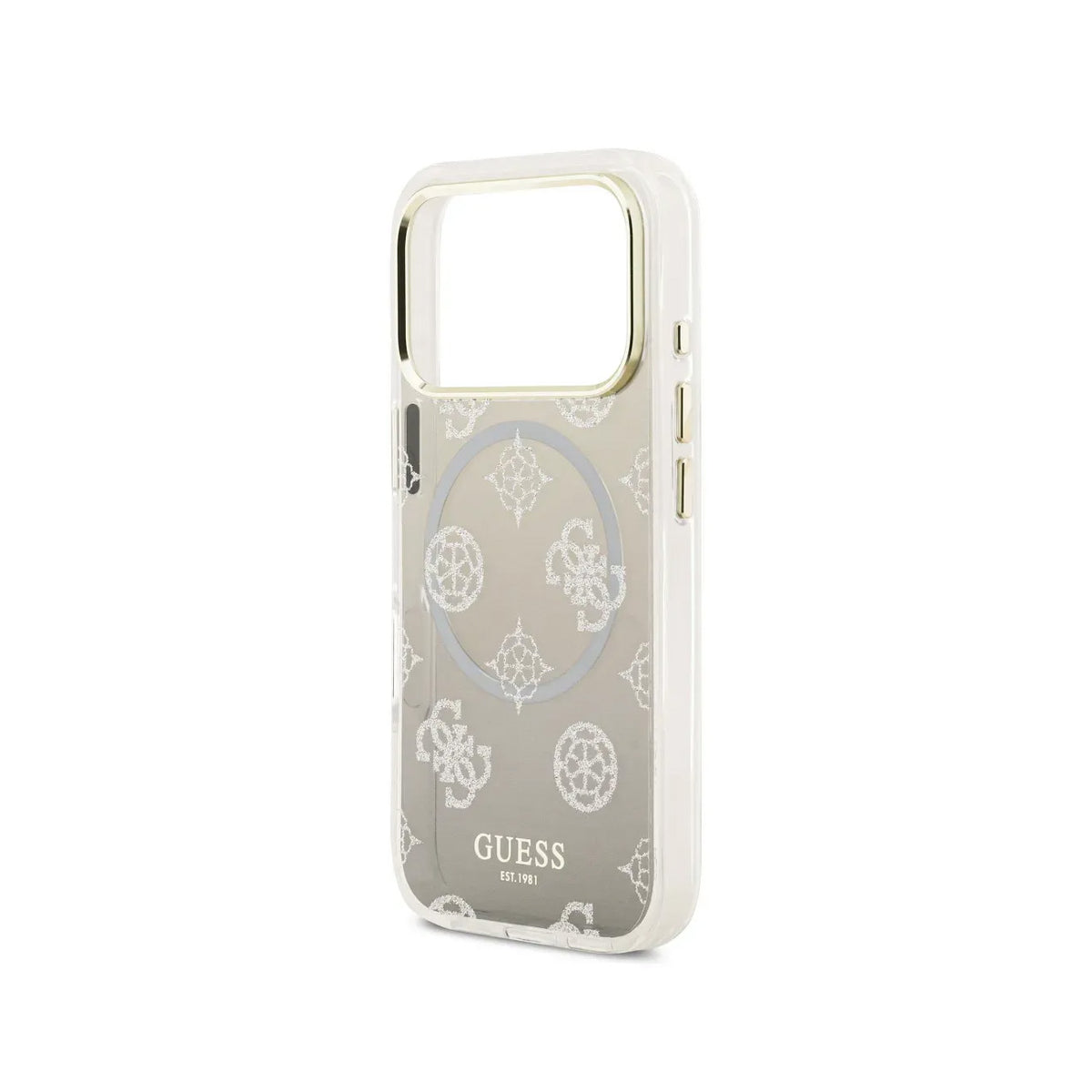 GUESS Funda Peonía para iPhone 17 Pro/18 Pro Compatible con MagSafe, Negra con Brillos