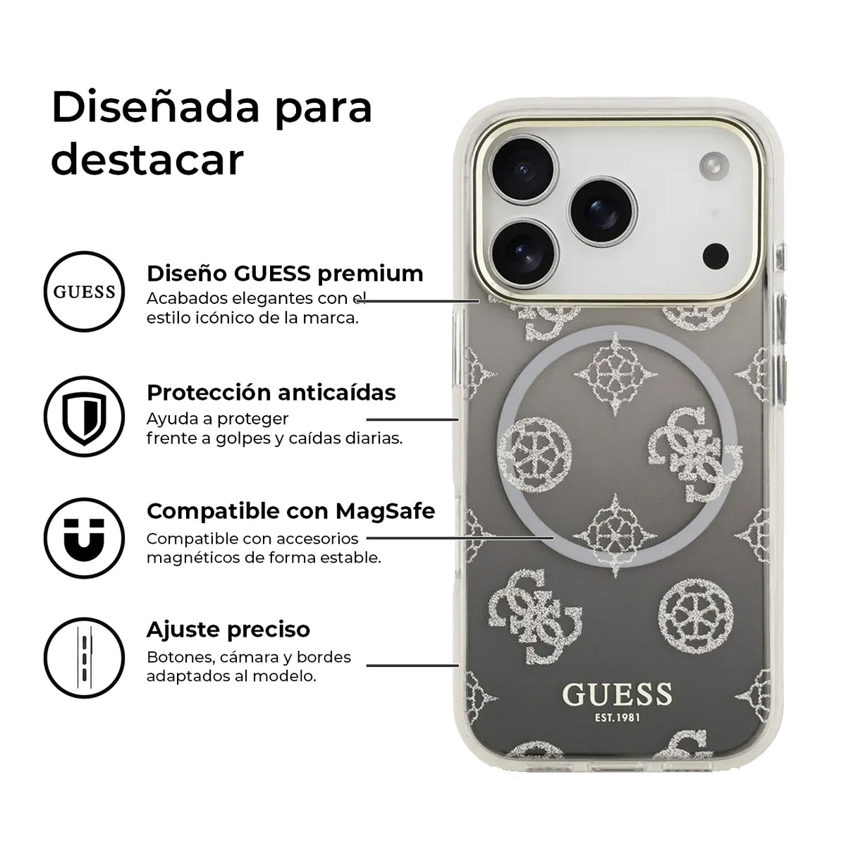 GUESS Funda Peonía para iPhone 17 Pro/18 Pro Compatible con MagSafe, Negra con Brillos