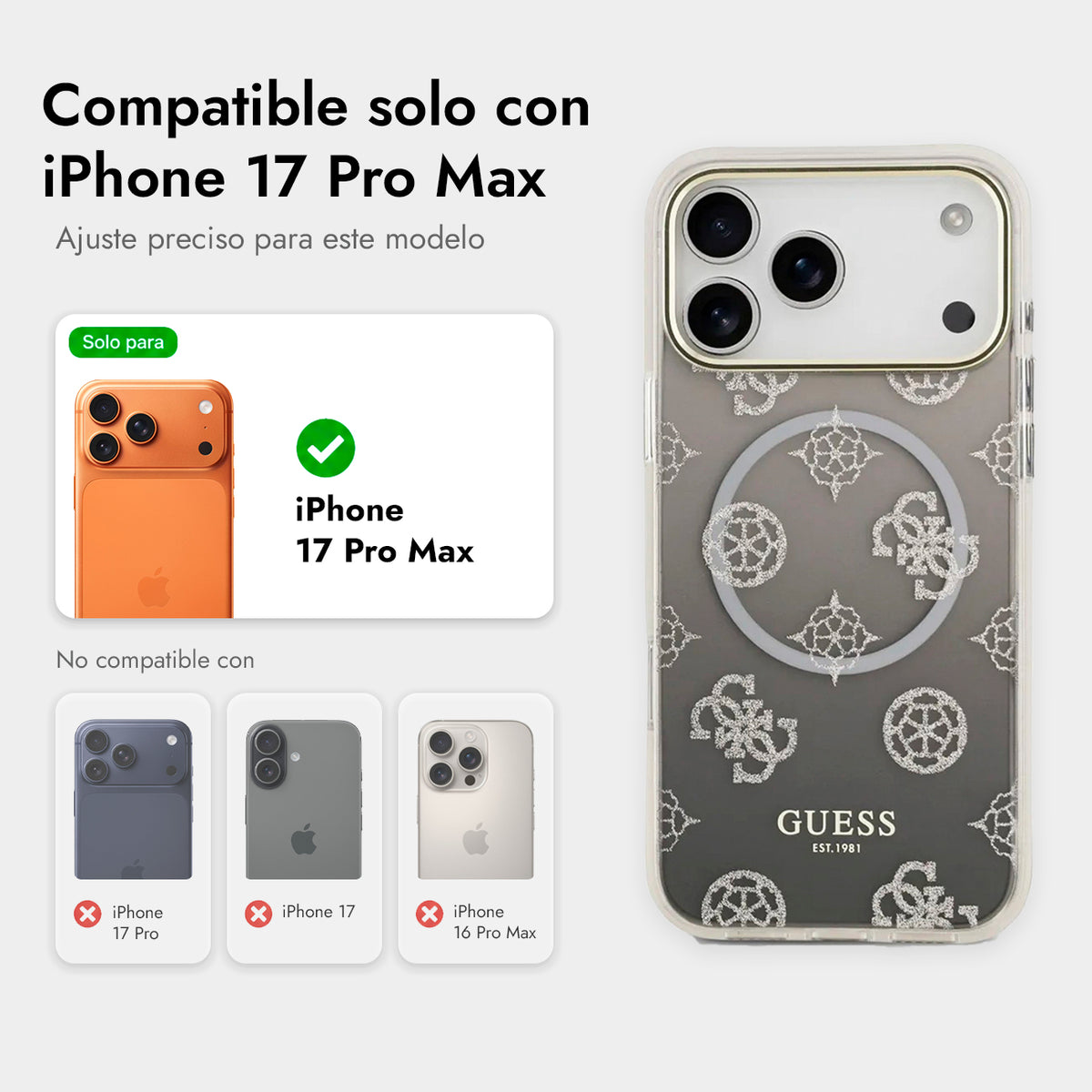 GUESS Funda Peonía para iPhone 17 Pro Max/18 Pro Max Compatible con MagSafe y Protección Anticaídas, Negra con Brillos