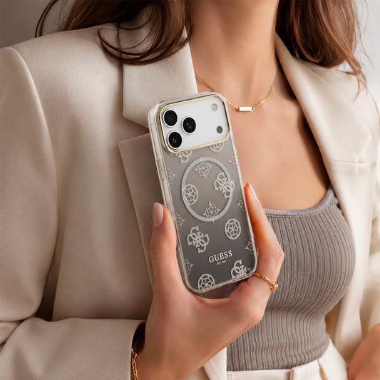 GUESS Funda Peonía para iPhone 17 Pro Max Compatible con MagSafe y Protección Anticaídas, Negra con Brillos