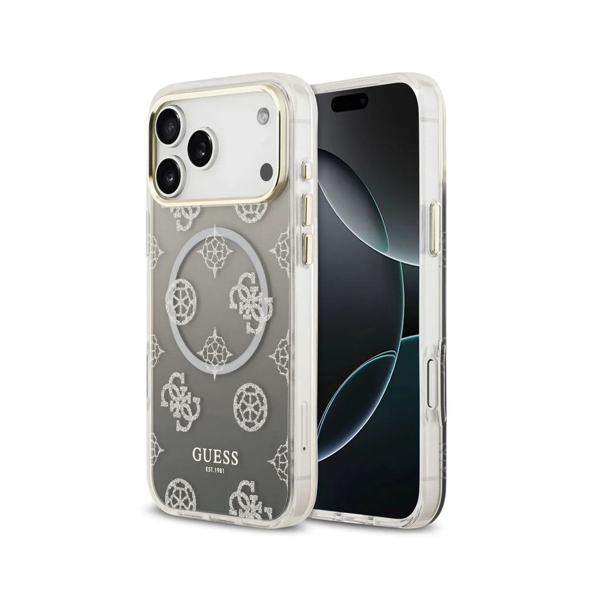 GUESS Funda Peonía para iPhone 17 Pro Max/18 Pro Max Compatible con MagSafe y Protección Anticaídas, Negra con Brillos