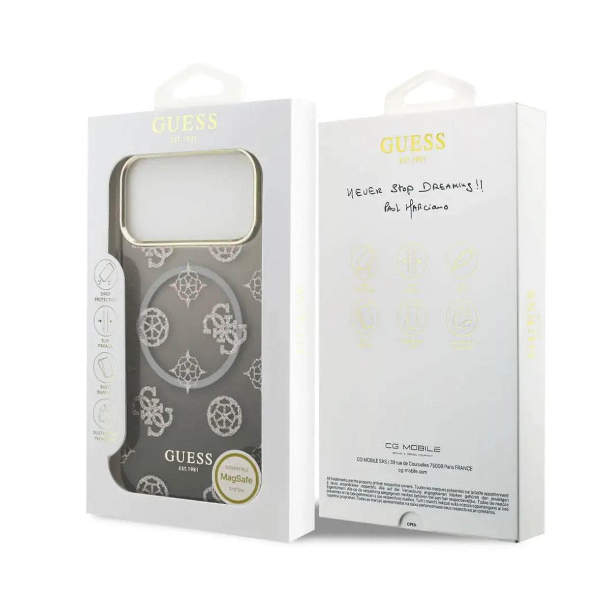 GUESS Funda Peonía para iPhone 17 Pro Max/18 Pro Max Compatible con MagSafe y Protección Anticaídas, Negra con Brillos
