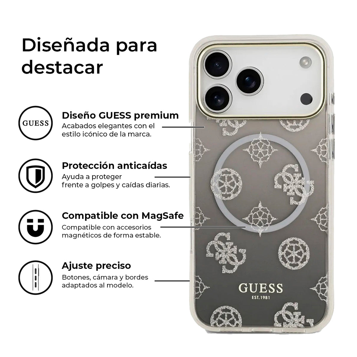 GUESS Funda Peonía para iPhone 17 Pro Max/18 Pro Max Compatible con MagSafe y Protección Anticaídas, Negra con Brillos