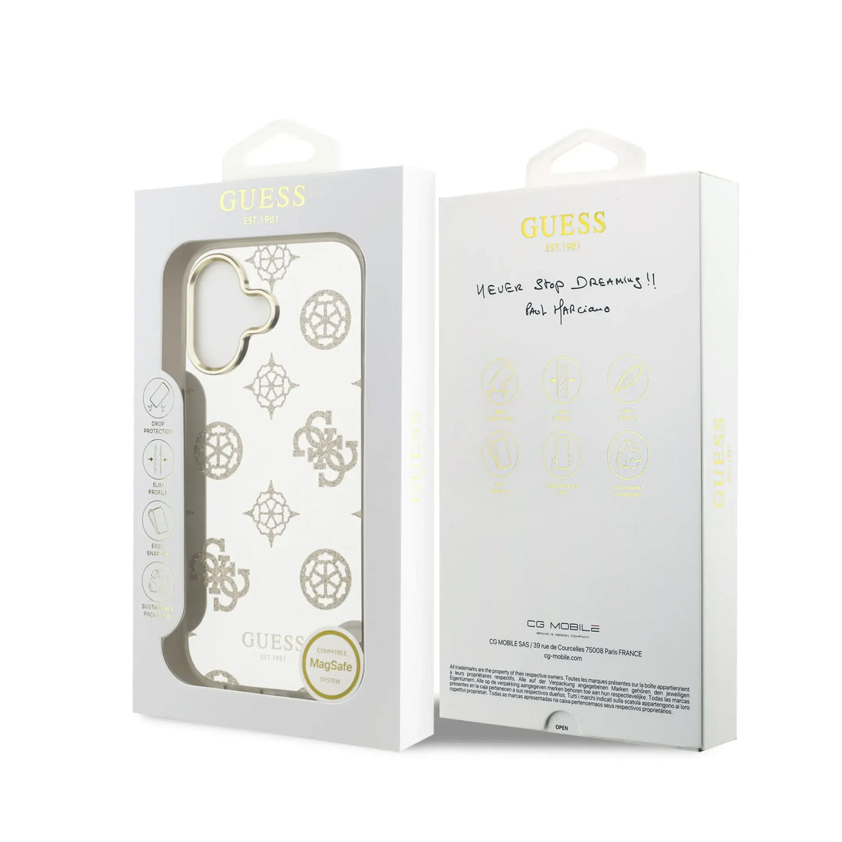GUESS iPhone 16 Case – TPU Case with MagSafe, Peony Mirror with Gold Glitter, Elegant Design and Precise Fit