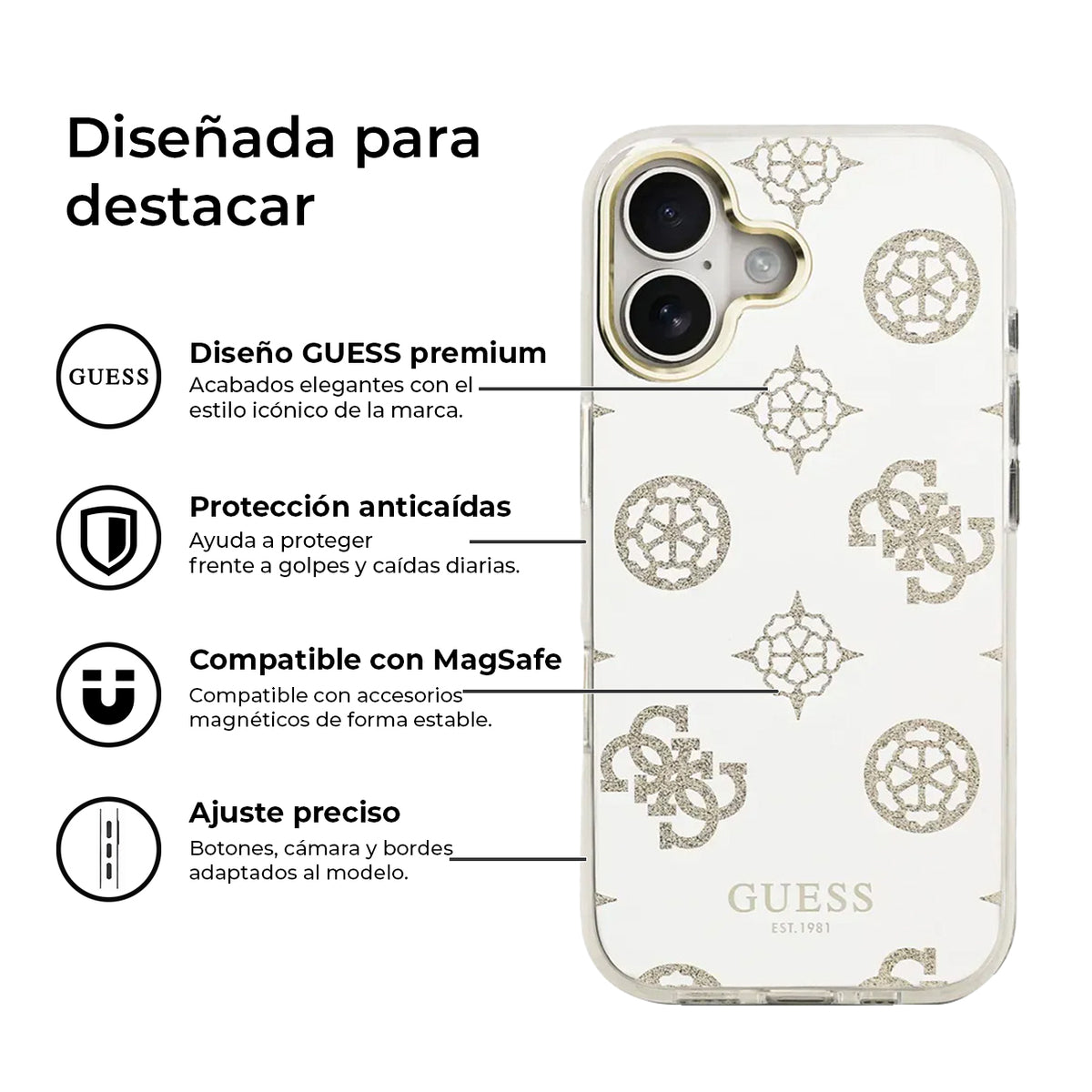 Guess iPhone 17 Case – TPU Case with MagSafe, Peonies Mirror Design with Gold Glitter, Drop Protection and Precise Fit