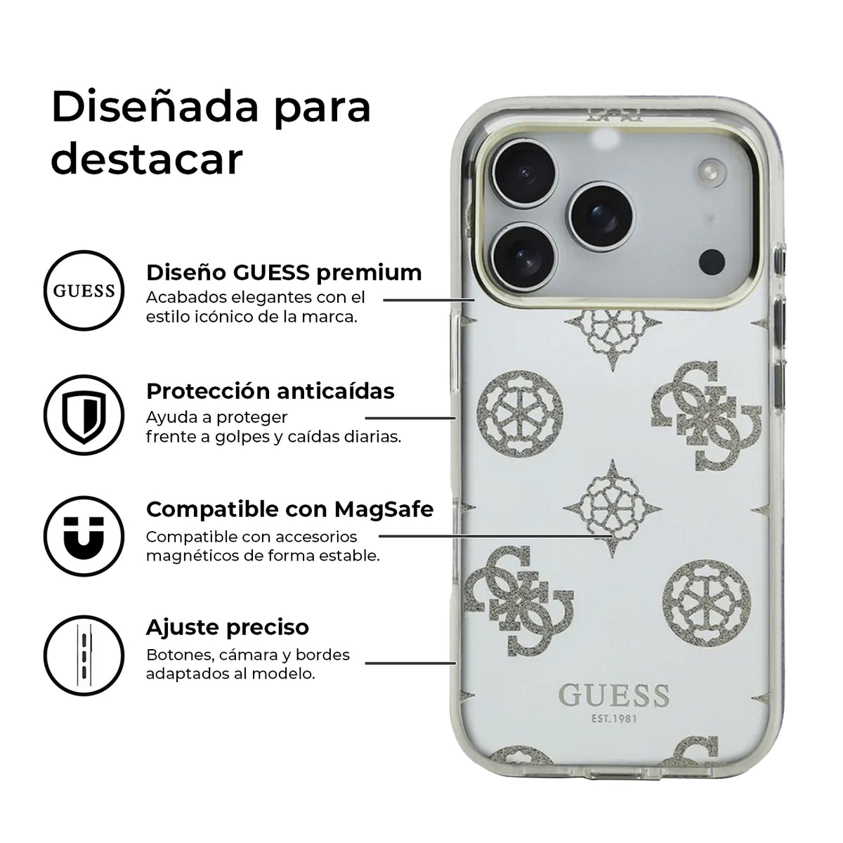Guess iPhone 17 Pro Case – TPU Case with MagSafe, Peony Mirror Design with Golden Glitter, Drop Protection and Precise Fit