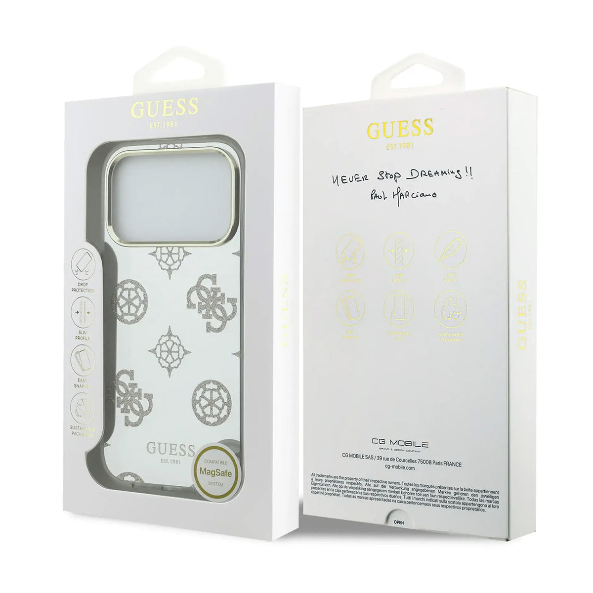 Guess iPhone 17 Pro Case – TPU Case with MagSafe, Peony Mirror Design with Golden Glitter, Drop Protection and Precise Fit