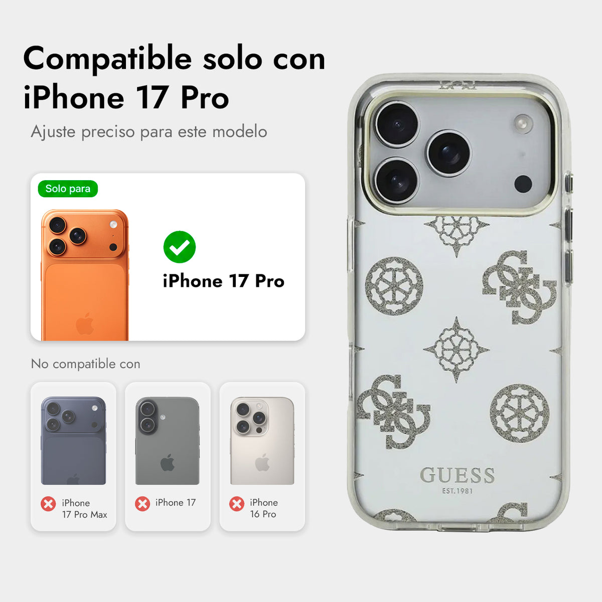 Guess iPhone 17 Pro Case – TPU Case with MagSafe, Peony Mirror Design with Golden Glitter, Drop Protection and Precise Fit