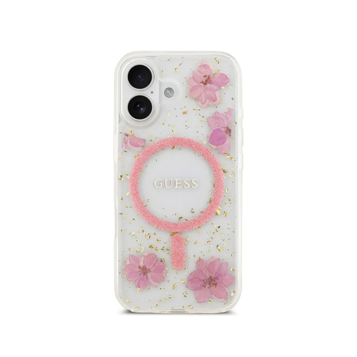 Guess iPhone 17 Case – MagSafe Compatible Cover, Pink Floral Design with Gold Accents, Drop Protection and Precise Fit