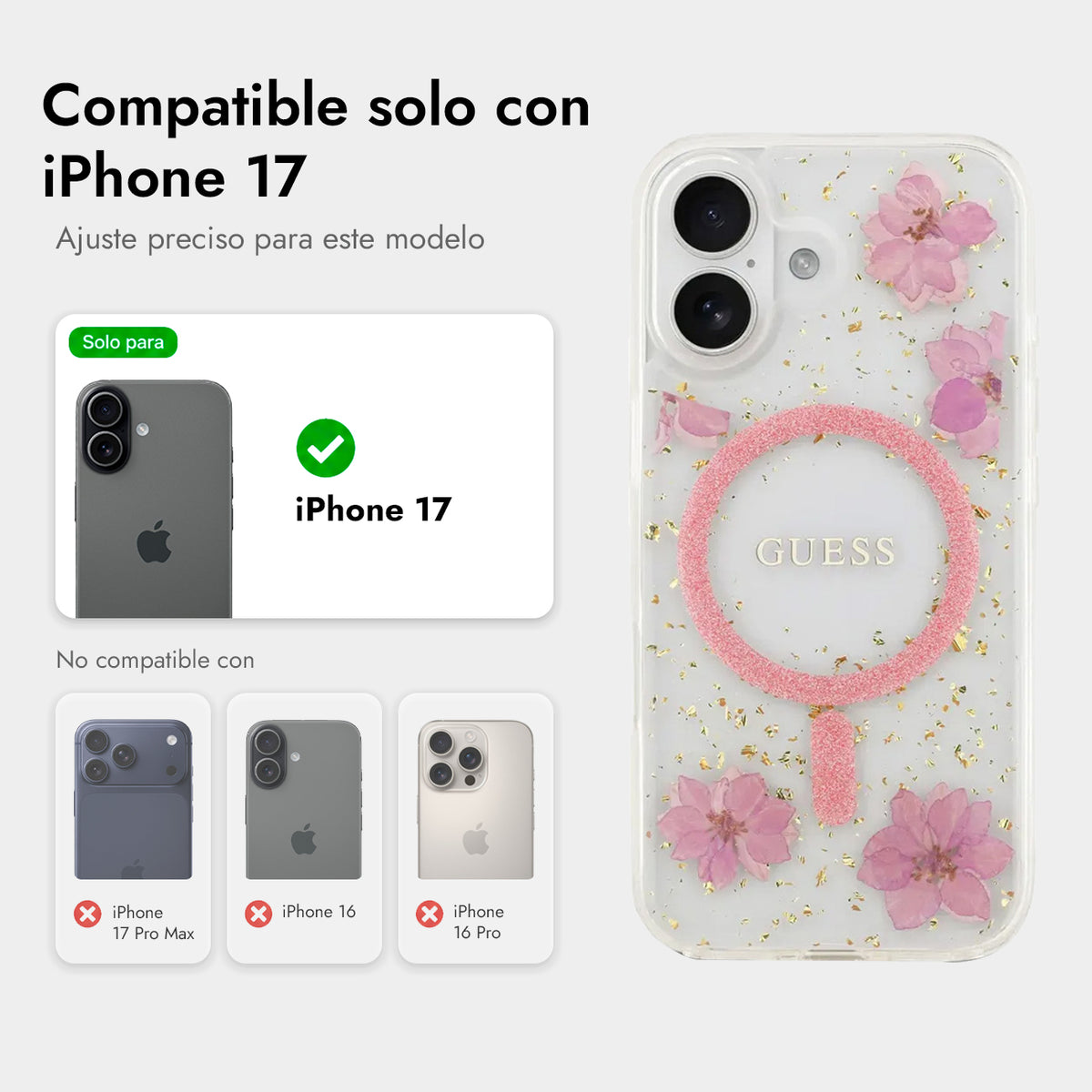Guess iPhone 17 Case – MagSafe Compatible Cover, Pink Floral Design with Gold Accents, Drop Protection and Precise Fit