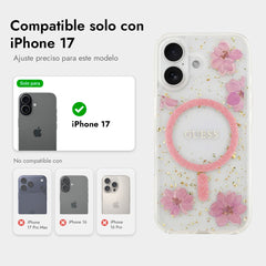 Guess Funda Flores Rosas para iPhone 17 Compatible con MagSafe y Protección Anticaídas, Detalles Dorados
