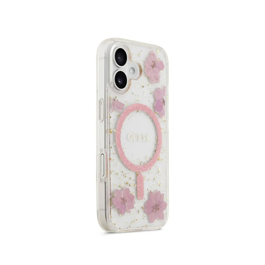 Guess Funda para iPhone 17 – Carcasa con MagSafe, Diseño de Flores Rosas con Detalles Dorados, Protección Anticaídas y Ajuste Preciso