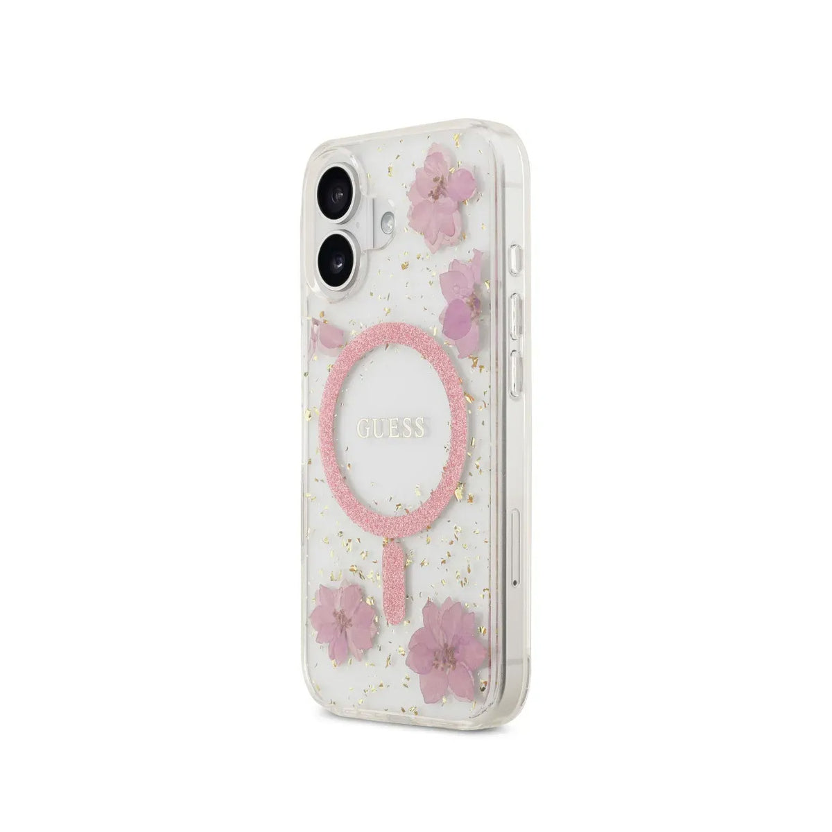 Guess iPhone 17 Case – MagSafe Compatible Cover, Pink Floral Design with Gold Accents, Drop Protection and Precise Fit