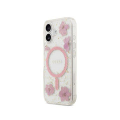 Guess Funda Flores Rosas para iPhone 17 Compatible con MagSafe y Protección Anticaídas, Detalles Dorados