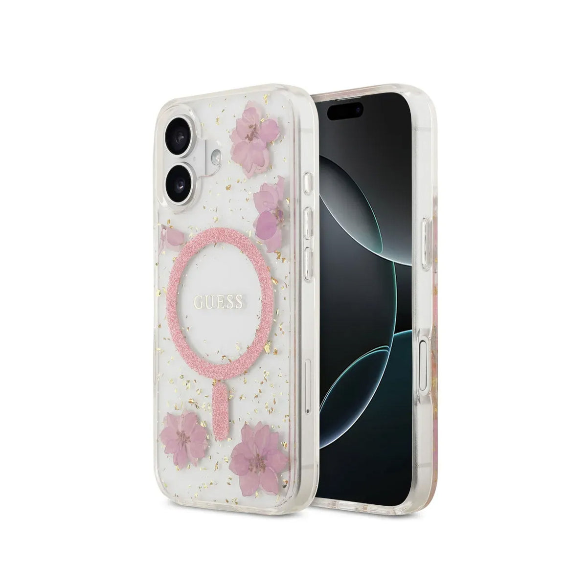 Guess iPhone 17 Case – MagSafe Compatible Cover, Pink Floral Design with Gold Accents, Drop Protection and Precise Fit