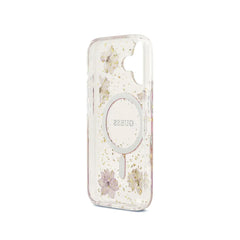 Guess Funda Flores Rosas para iPhone 17 Compatible con MagSafe y Protección Anticaídas, Detalles Dorados