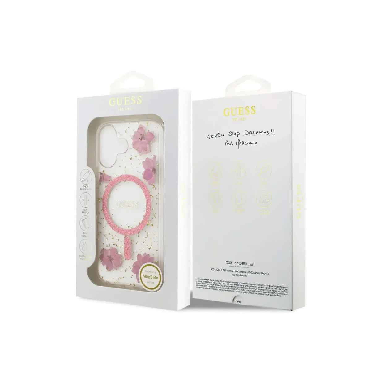 Guess iPhone 17 Case – MagSafe Compatible Cover, Pink Floral Design with Gold Accents, Drop Protection and Precise Fit