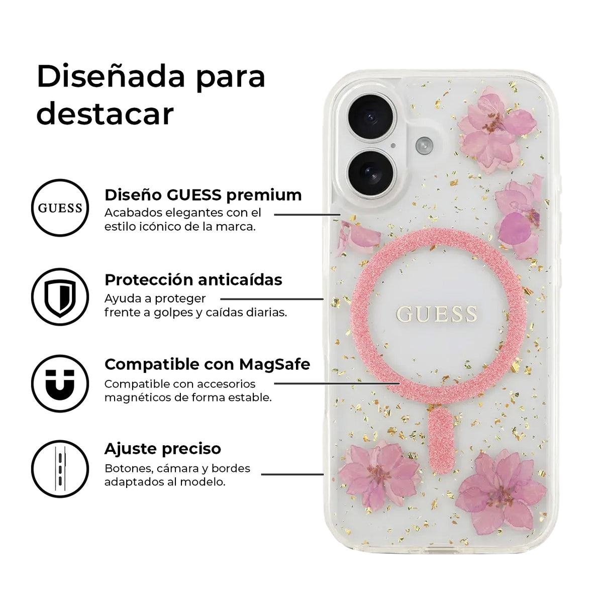 Guess iPhone 17 Case – MagSafe Compatible Cover, Pink Floral Design with Gold Accents, Drop Protection and Precise Fit
