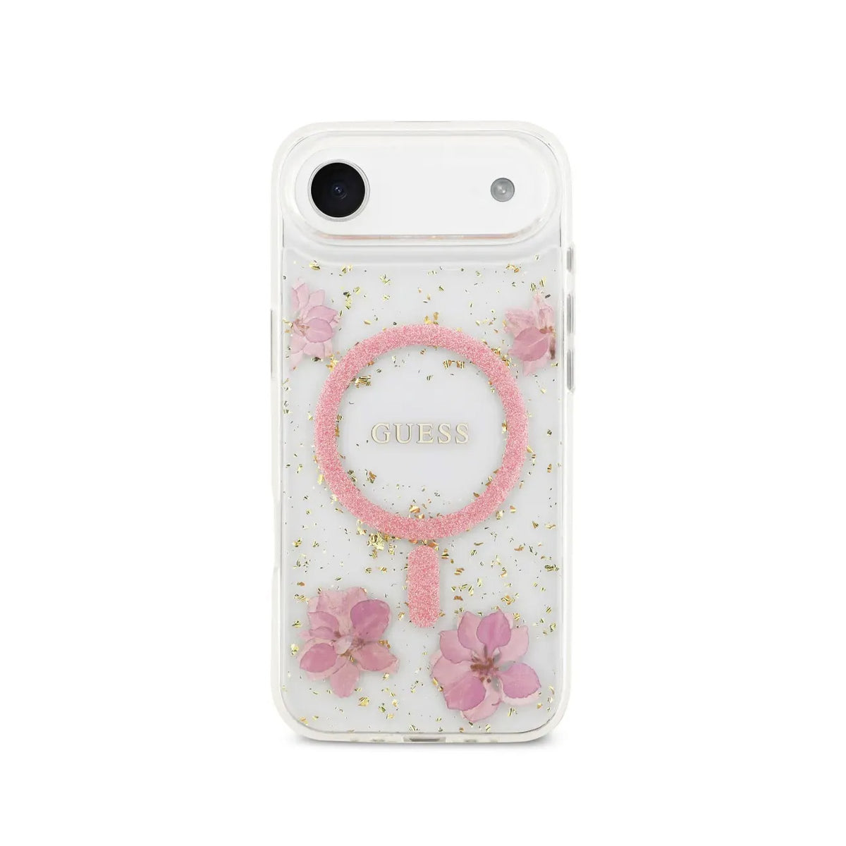 GUESS iPhone 17 Air Case – MagSafe Case with Pink Flowers and Gold Details, Elegant Design and Precise Fit