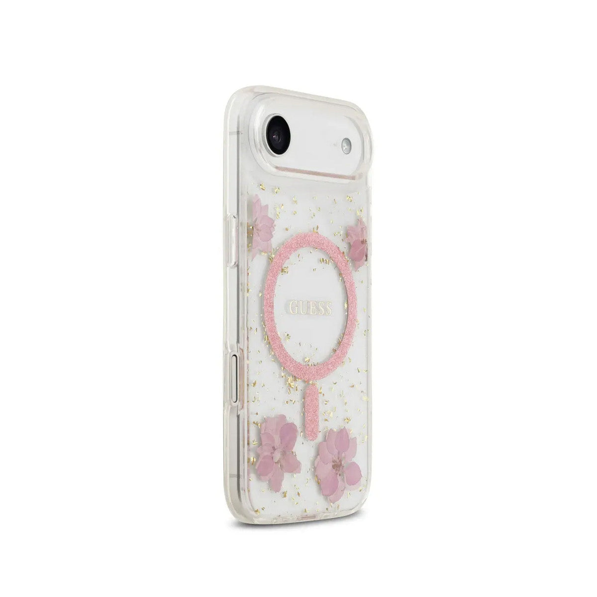 GUESS iPhone 17 Air Case – MagSafe Case with Pink Flowers and Gold Details, Elegant Design and Precise Fit