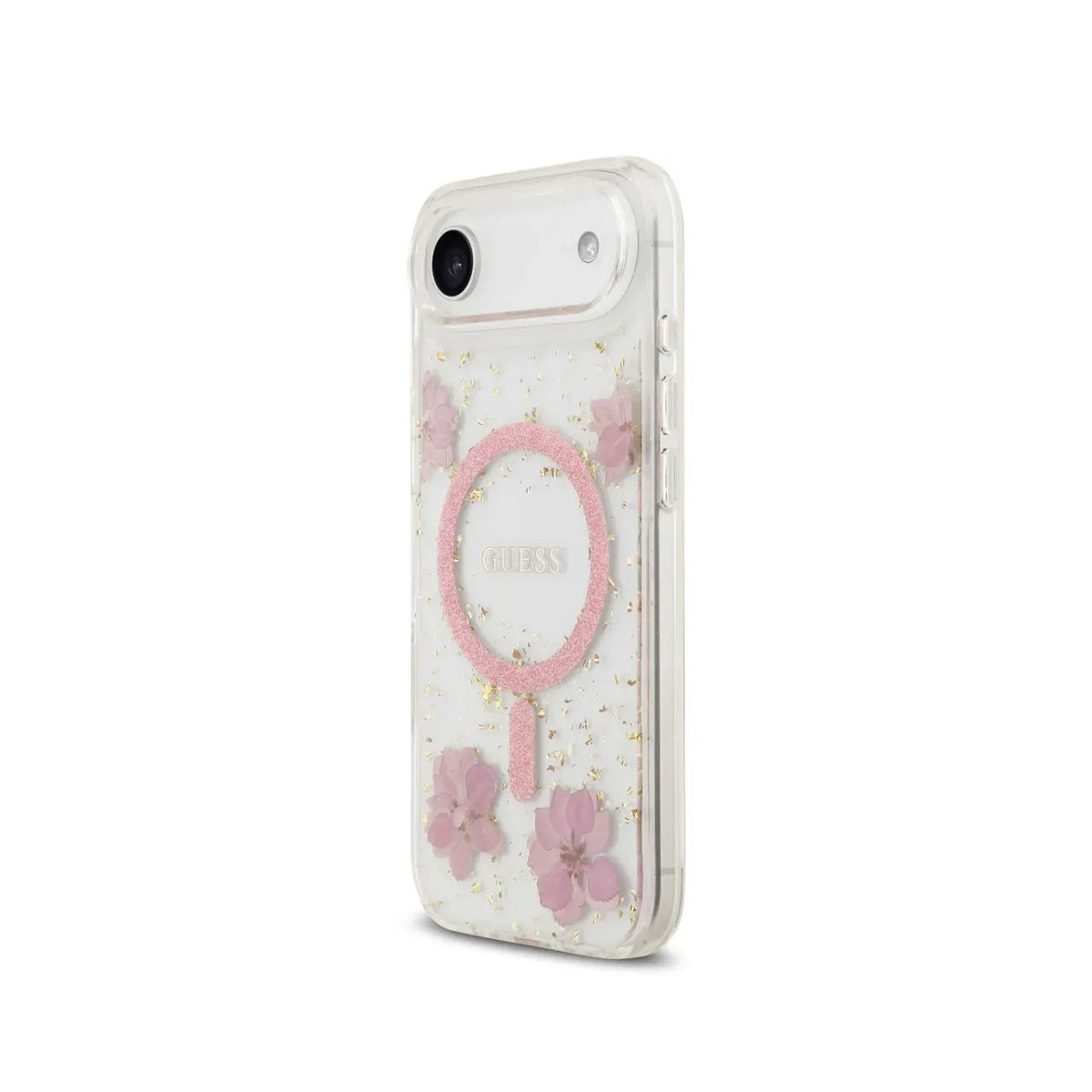 GUESS iPhone 17 Air Case – MagSafe Case with Pink Flowers and Gold Details, Elegant Design and Precise Fit