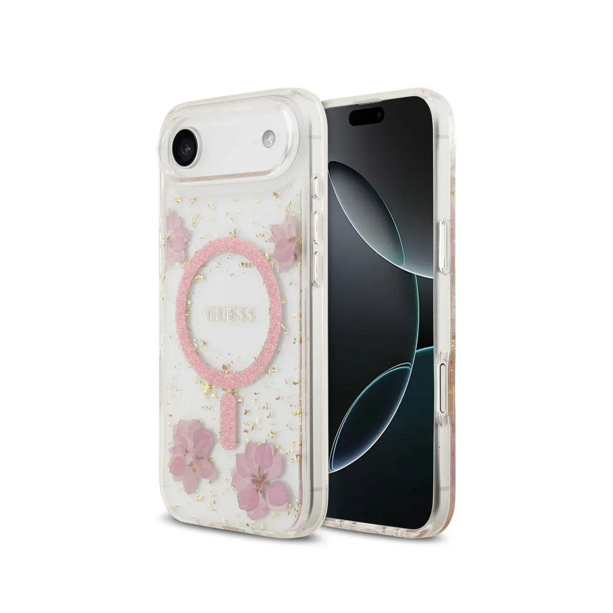GUESS iPhone 17 Air Case – MagSafe Case with Pink Flowers and Gold Details, Elegant Design and Precise Fit