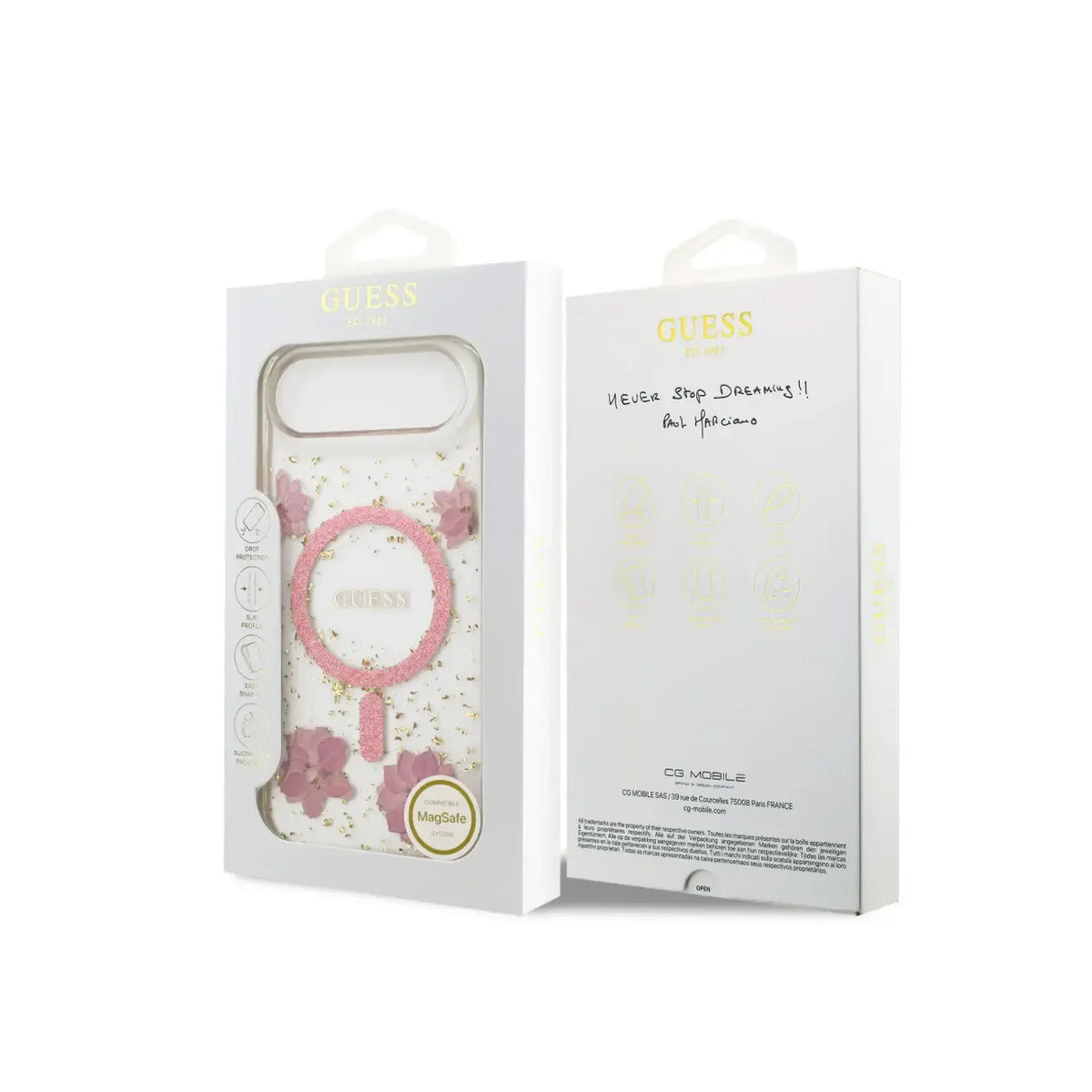 GUESS iPhone 17 Air Case – MagSafe Case with Pink Flowers and Gold Details, Elegant Design and Precise Fit