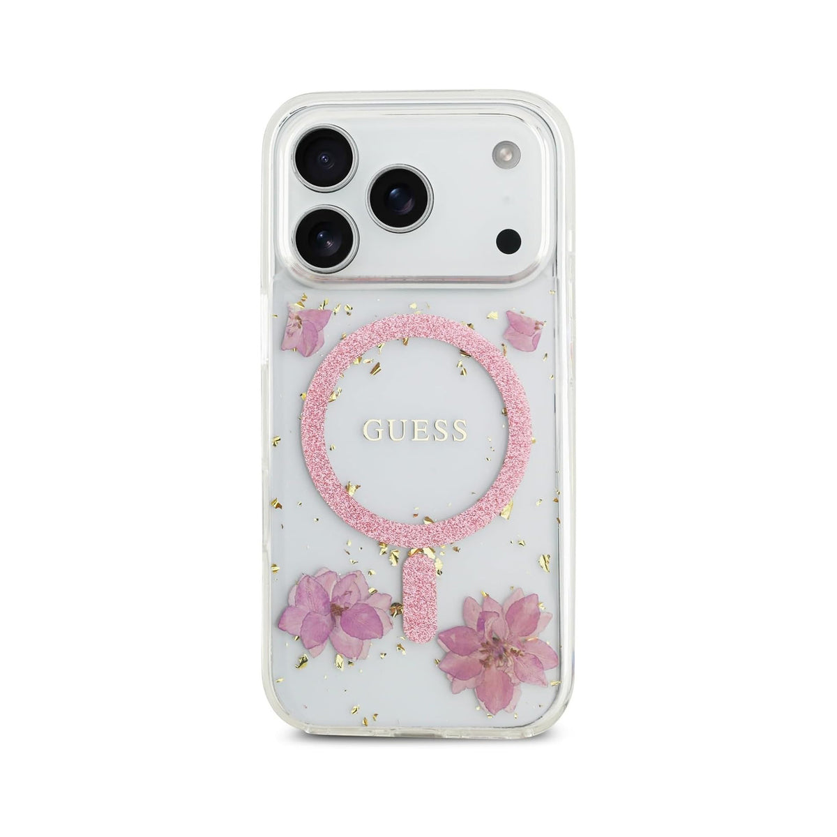Guess iPhone 17 Pro Case – MagSafe Compatible Cover, Pink Floral Design with Gold Details, Drop Protection and Precise Fit