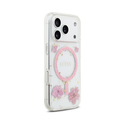 Guess Funda para iPhone 17 Pro – Carcasa Compatible con MagSafe, Diseño con Flores Rosas y Detalles Dorados, Protección Anticaídas y Ajuste Preciso