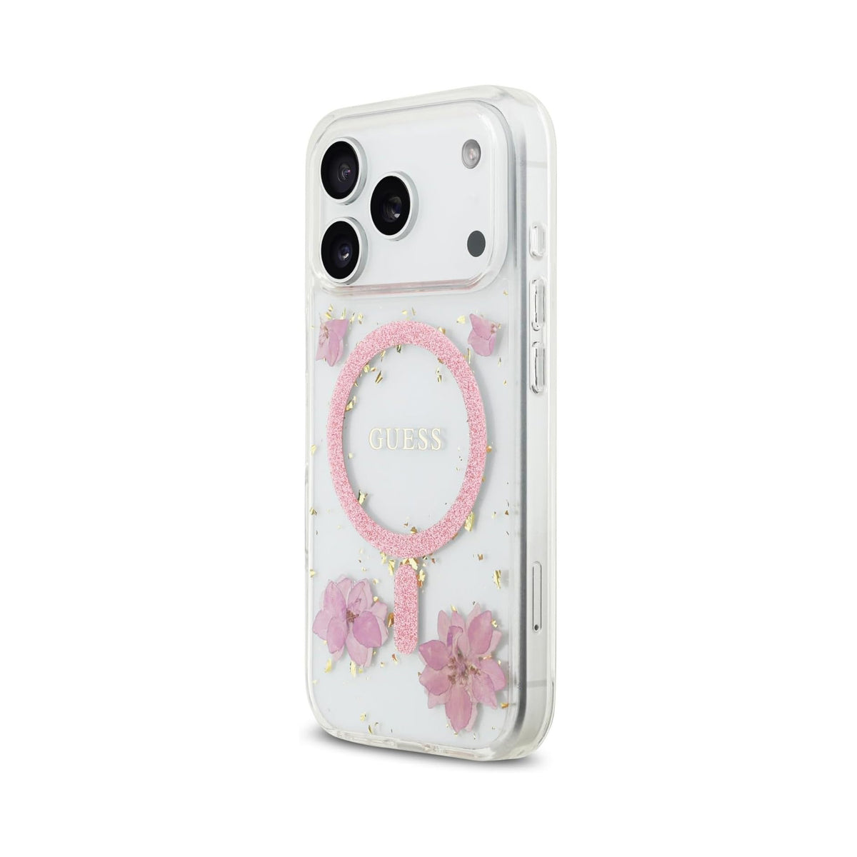 Guess iPhone 17 Pro Case – MagSafe Compatible Cover, Pink Floral Design with Gold Details, Drop Protection and Precise Fit