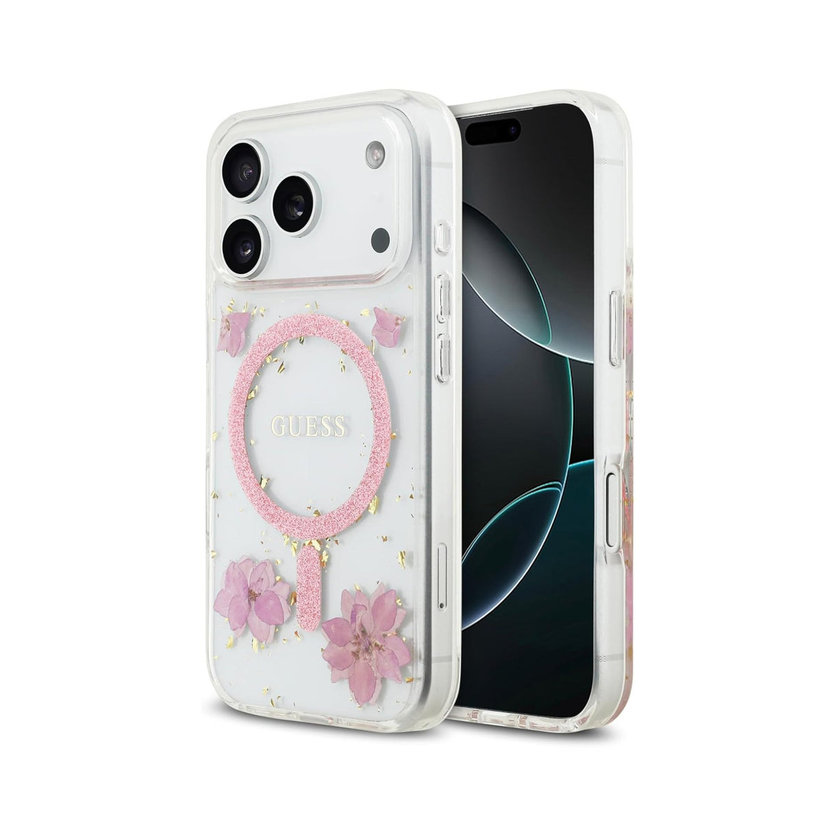 Guess iPhone 17 Pro Case – MagSafe Compatible Cover, Pink Floral Design with Gold Details, Drop Protection and Precise Fit