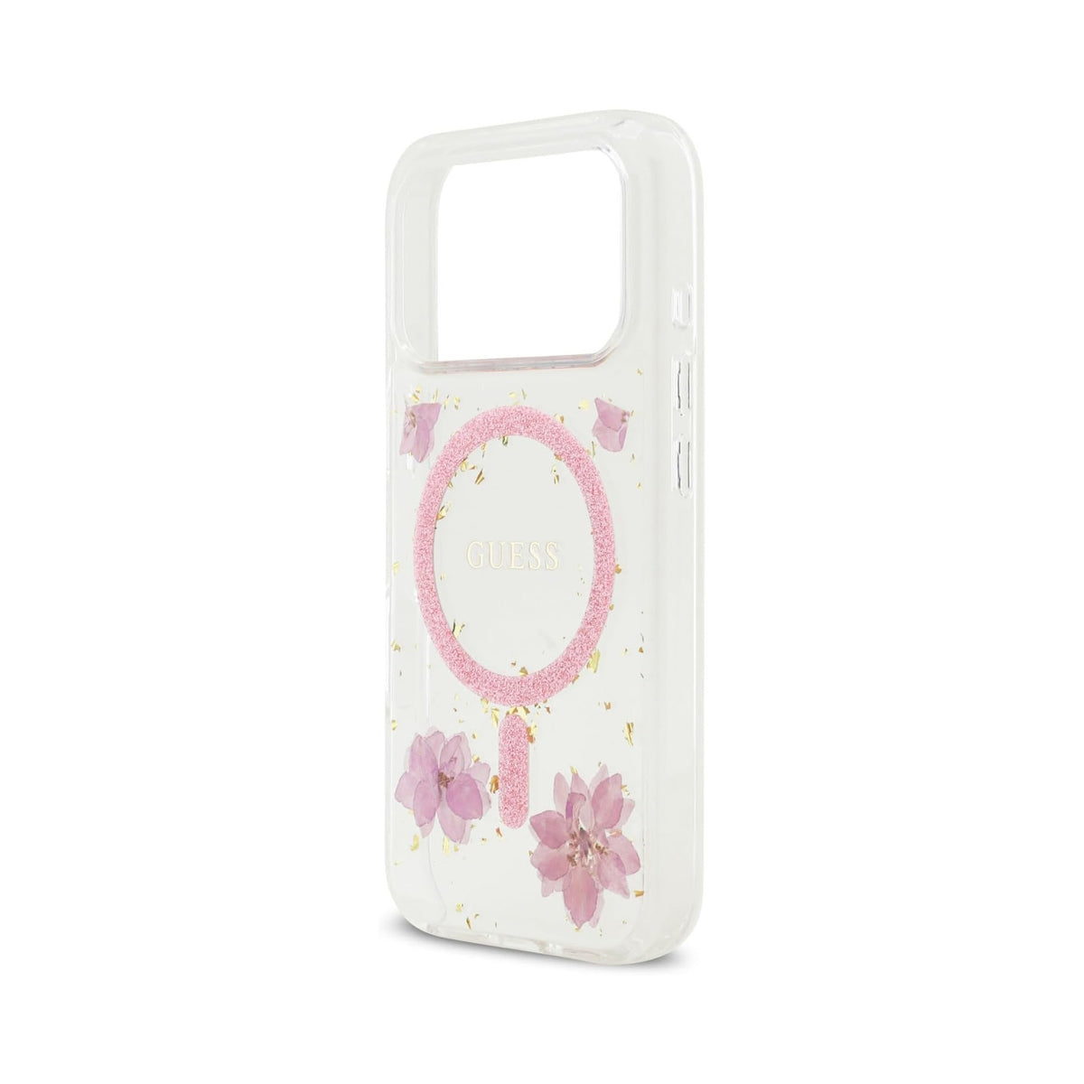 Guess iPhone 17 Pro Case – MagSafe Compatible Cover, Pink Floral Design with Gold Details, Drop Protection and Precise Fit