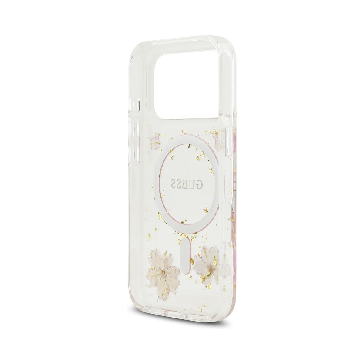 Guess iPhone 17 Pro Case – MagSafe Compatible Cover, Pink Floral Design with Gold Details, Drop Protection and Precise Fit