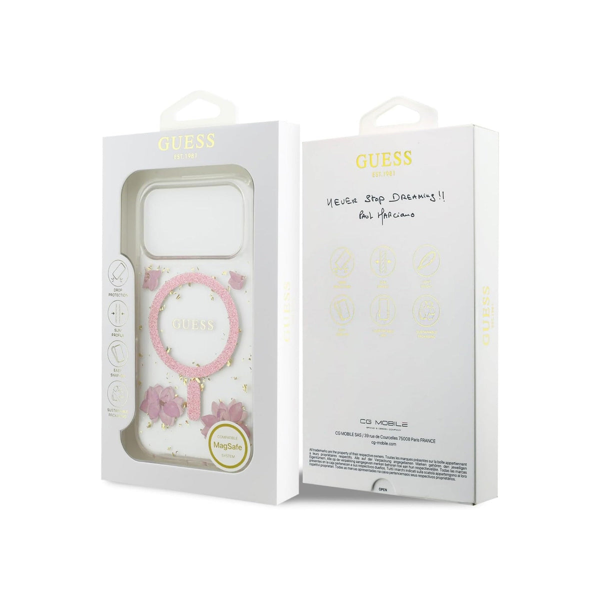 Guess iPhone 17 Pro Case – MagSafe Compatible Cover, Pink Floral Design with Gold Details, Drop Protection and Precise Fit