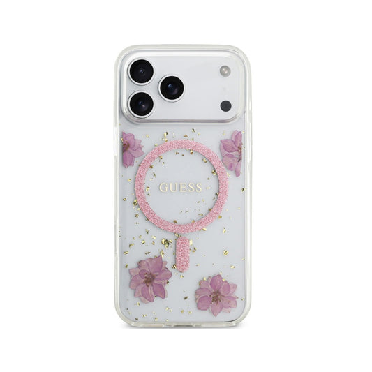 Guess Funda para iPhone 17 Pro Max – Carcasa Compatible con MagSafe, Diseño con Flores Rosas y Detalles Dorados, Protección Anticaídas y Ajuste Preciso