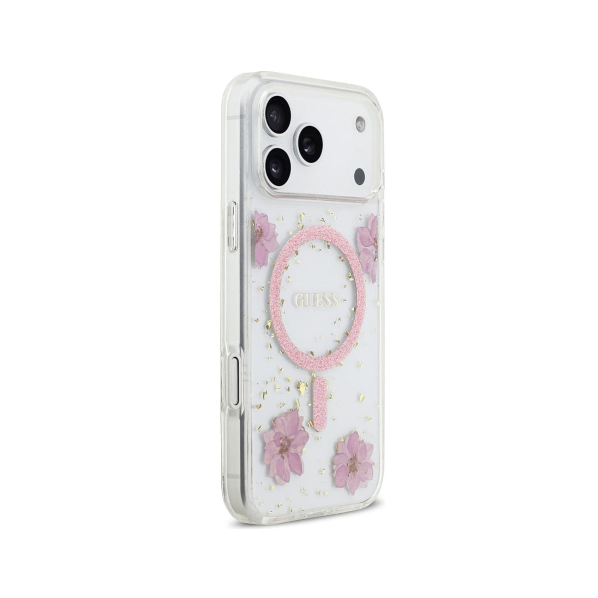 Guess iPhone 17 Pro Max Case – MagSafe Compatible Cover, Pink Flowers Design with Gold Details, Drop Protection and Precise Fit