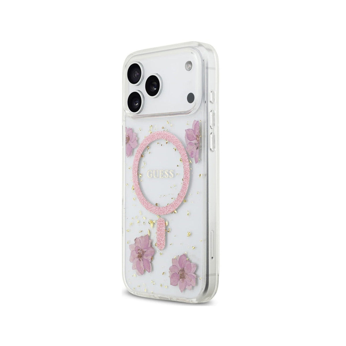 Guess iPhone 17 Pro Max Case – MagSafe Compatible Cover, Pink Flowers Design with Gold Details, Drop Protection and Precise Fit