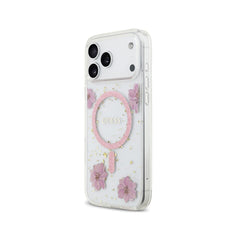 Guess Funda Flores Rosas para iPhone 17 Pro Max Compatible con MagSafe y Protección Anticaídas, Detalles Dorados