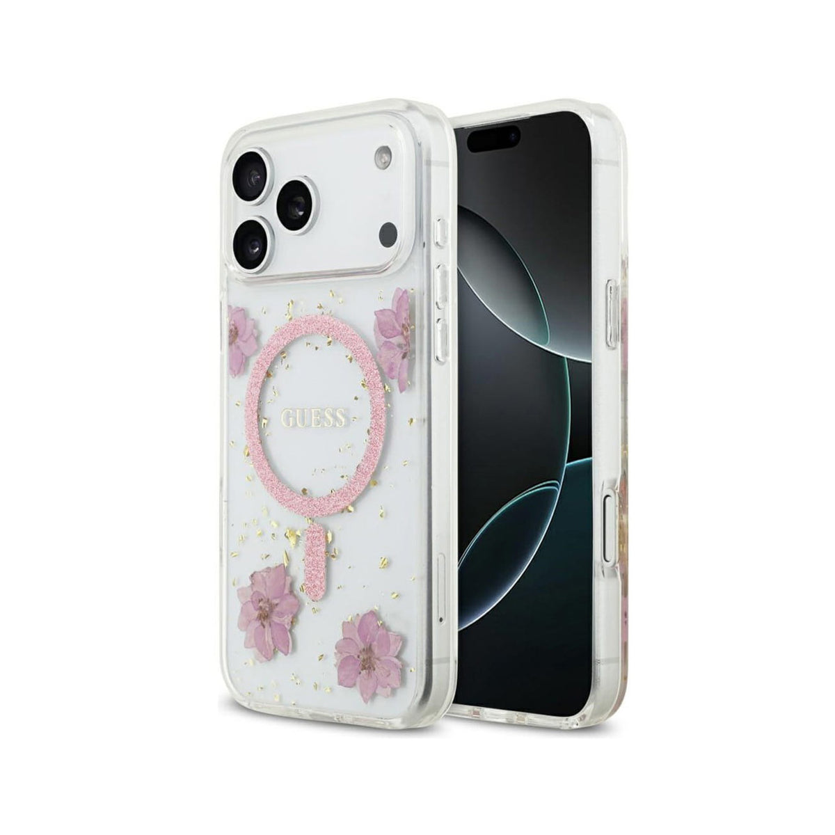 Guess iPhone 17 Pro Max Case – MagSafe Compatible Cover, Pink Flowers Design with Gold Details, Drop Protection and Precise Fit