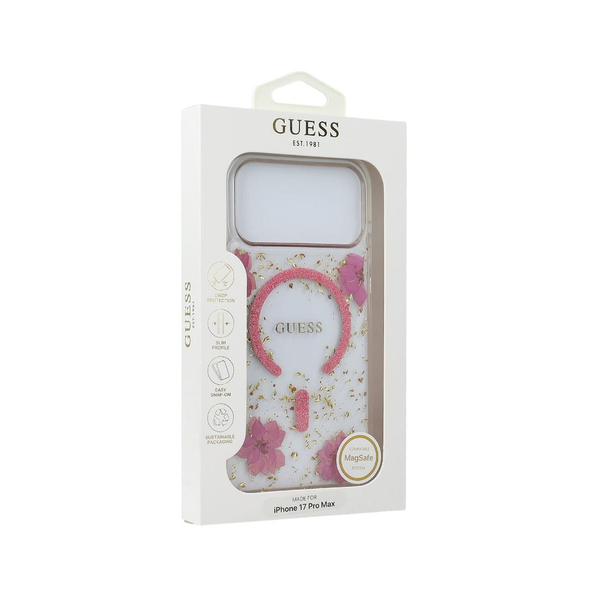 Guess iPhone 17 Pro Max Case – MagSafe Compatible Cover, Pink Flowers Design with Gold Details, Drop Protection and Precise Fit