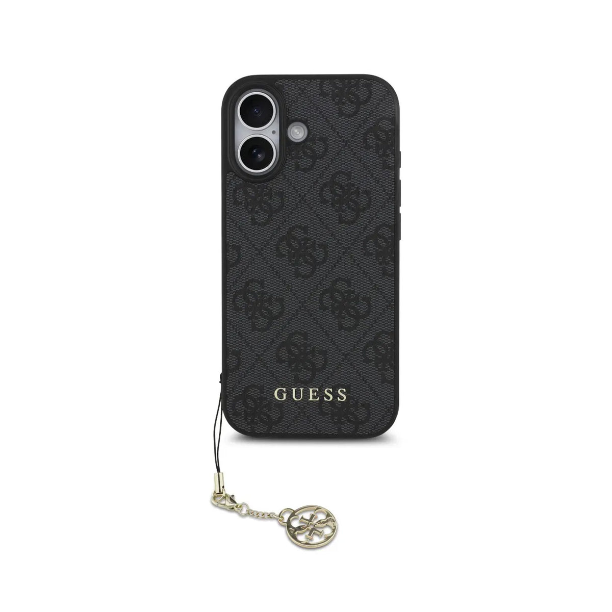 Guess iPhone 17 Case – Black Leather Effect Cover, 4G Logo, and Gold Charm, Drop Protection and Precise Fit