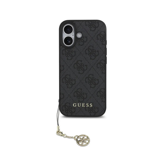 Guess Funda para iPhone 17 – Carcasa con Efecto Piel Negra, Logotipo 4G y Charm Dorado, Protección Anticaídas y Ajuste Preciso