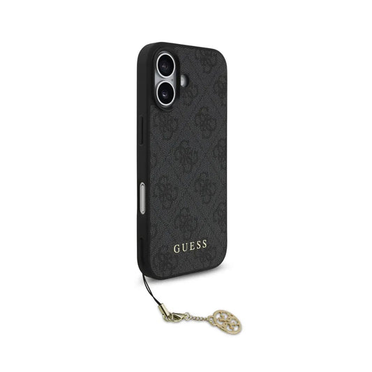 Guess Funda para iPhone 17 – Carcasa con Efecto Piel Negra, Logotipo 4G y Charm Dorado, Protección Anticaídas y Ajuste Preciso