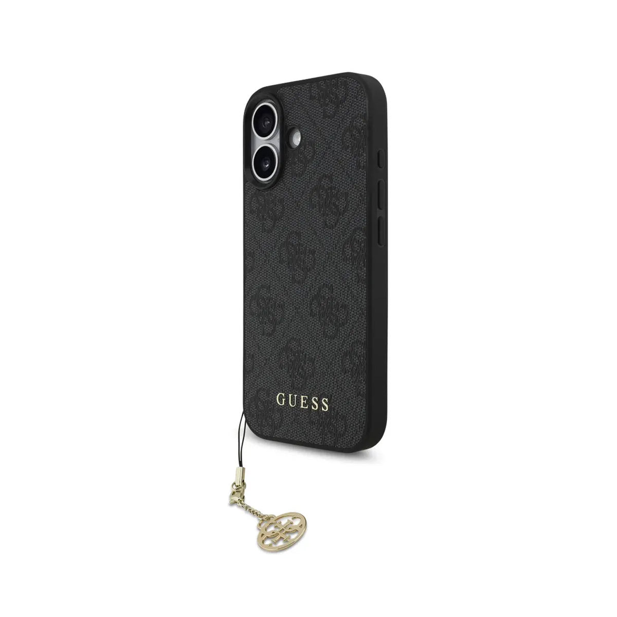Guess iPhone 17 Case – Black Leather Effect Cover, 4G Logo, and Gold Charm, Drop Protection and Precise Fit