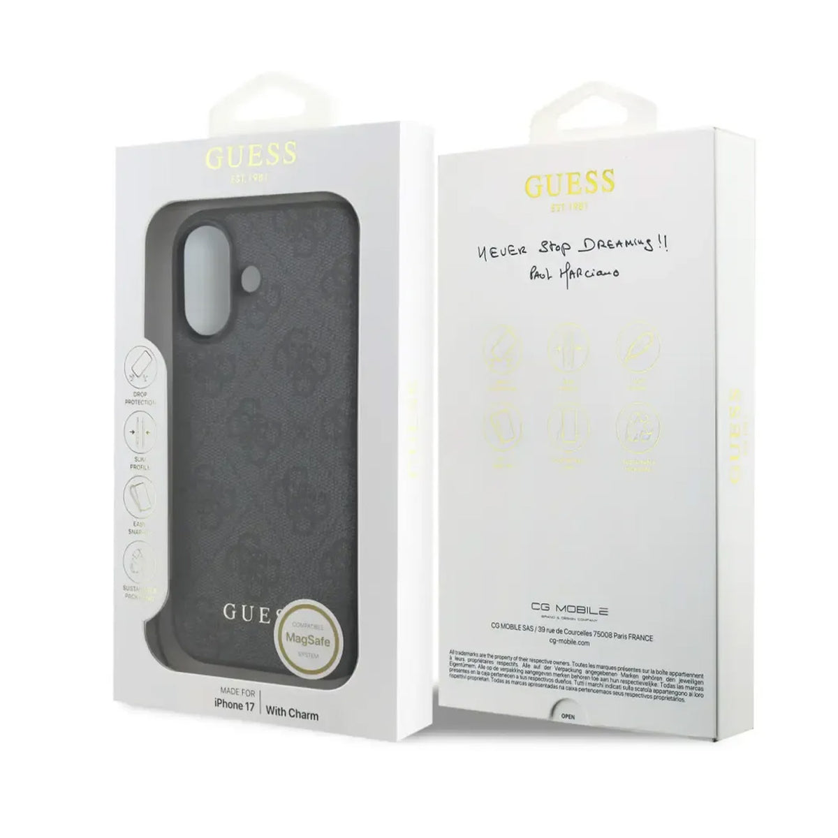 Guess iPhone 17 Case – Black Leather Effect Cover, 4G Logo, and Gold Charm, Drop Protection and Precise Fit