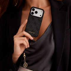 Guess Funda Logo 4G con Charm Dorado para iPhone 17 Pro con Protección Anticaídas, Negra