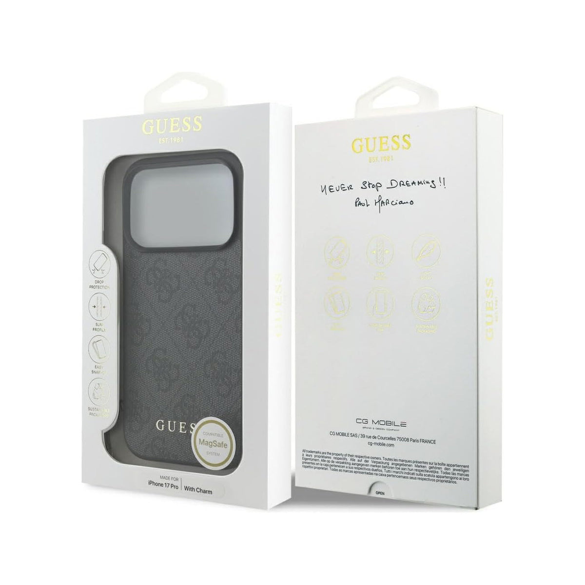 GUESS Funda Logo 4G para iPhone 17 Pro/18 Pro con Charm Dorado, Negra