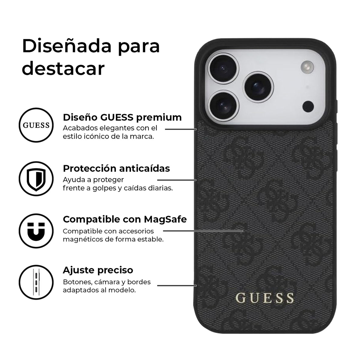 GUESS Funda Logo 4G para iPhone 17 Pro/18 Pro con Charm Dorado, Negra